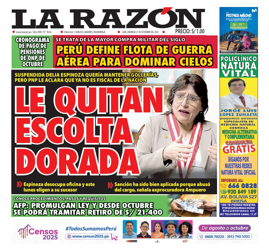 Portada Diario La Razón (21/09/2025)