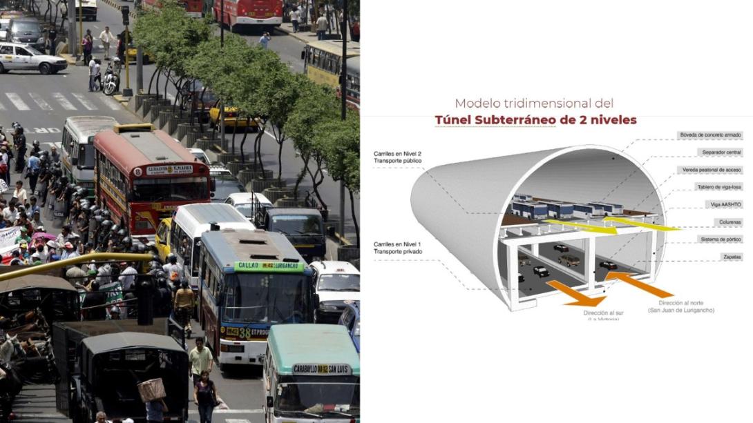 El túnel soterrado tendrá una longitud de 6.93 kilómetro, con un ancho de 32 metros y una altura de 23 metros, a una profundidad promedio de entre los 40 a 50 metros. Su extremo inicial estará en los linderos de la avenida Abancay con La Victoria, y su extremo opuesto en la avenida Perú, en SJL. Según su diseño, el túnel será de doble nivel, con dirección de ida y vuelta en cada piso. El transporte público recorrerá en el nivel superior y el transporte privado, en el inferior.