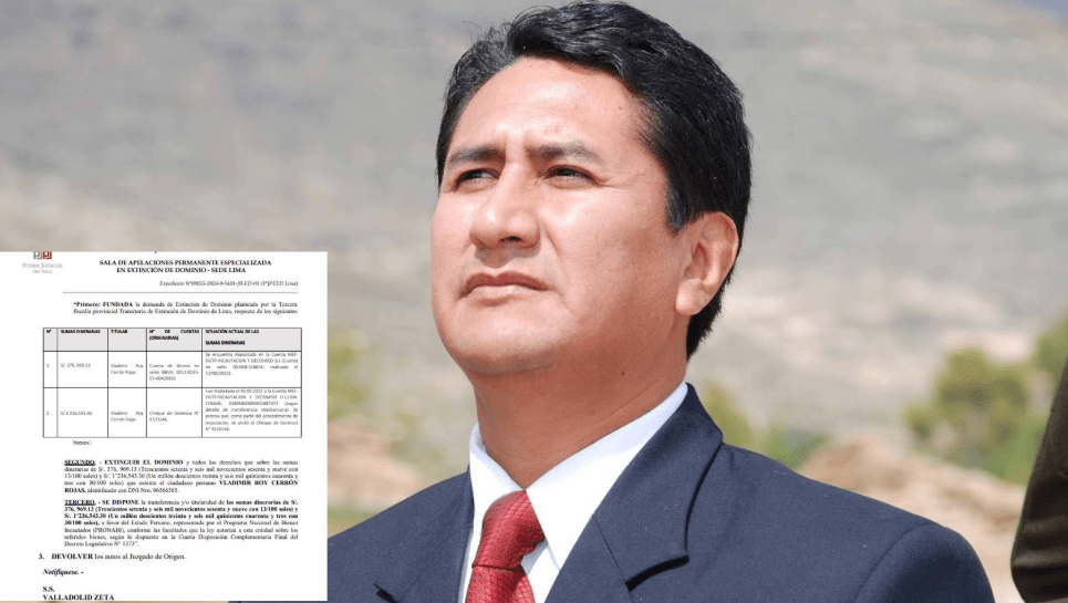 Justicia transfiere más de S/ 1,6 millones de Vladimir Cerrón al Estado