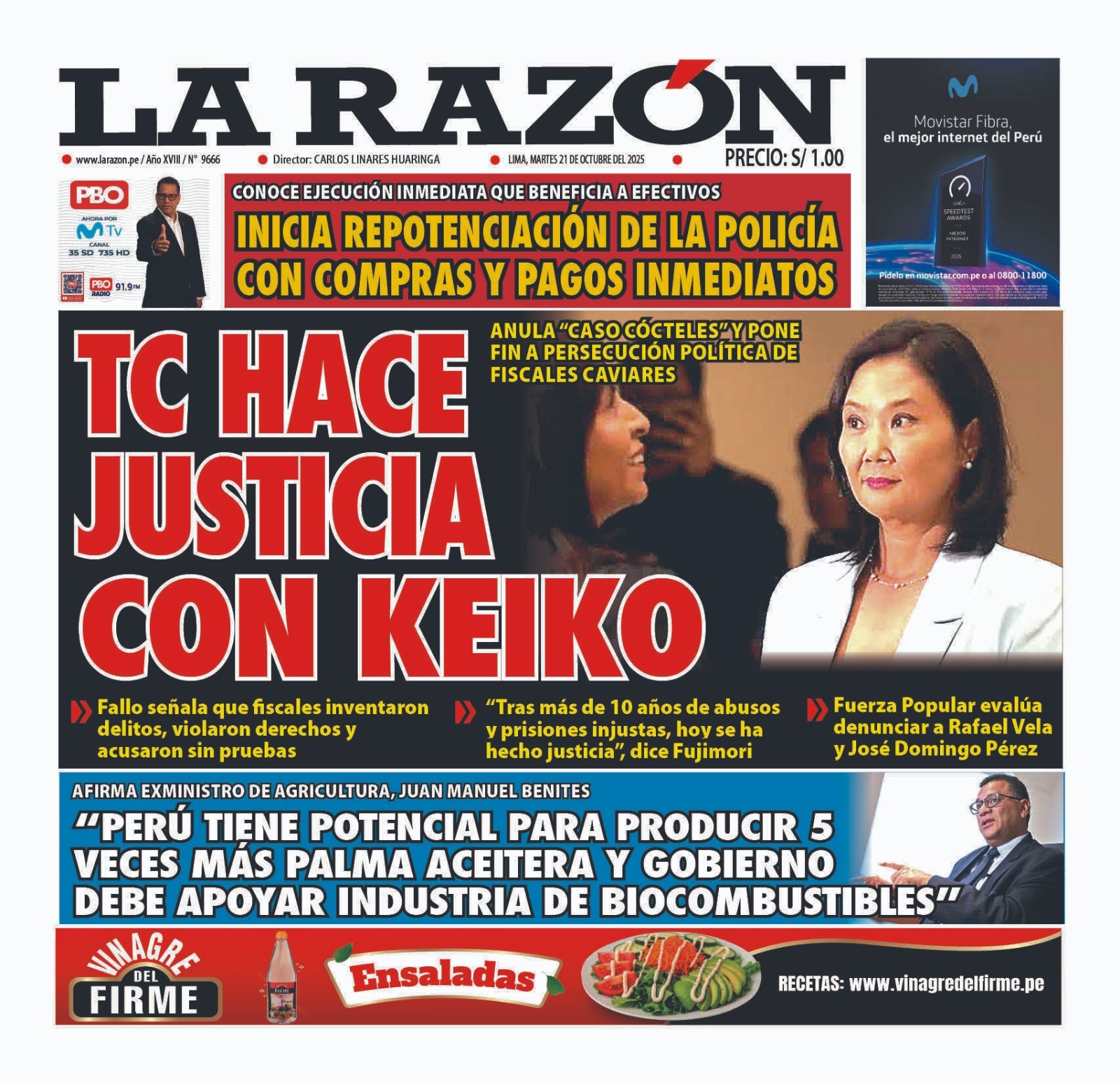 Portada Diario La Razón (21/10/2025)
