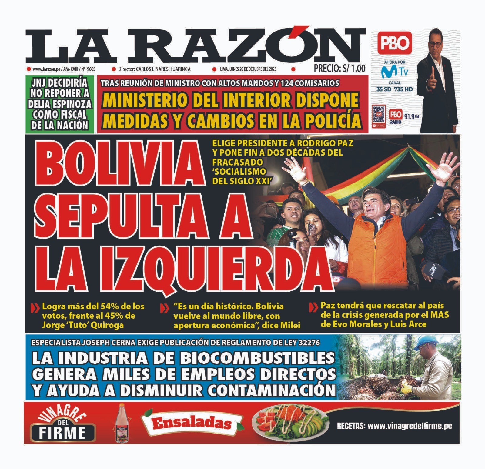 Portada Diario La Razón (20/10/2025)