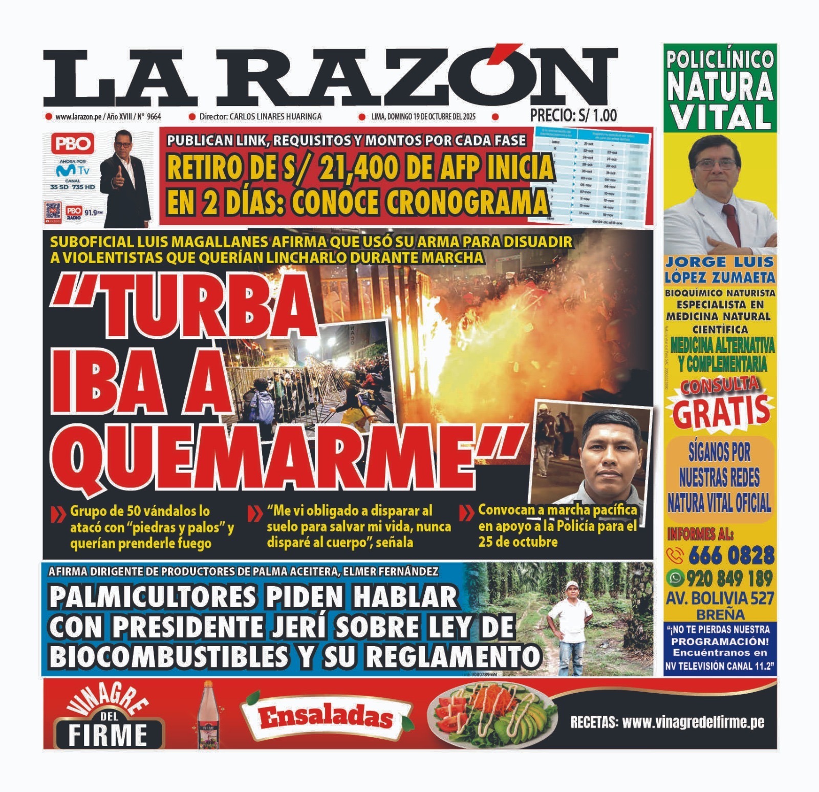 Portada Diario La Razón (19/10/2025)