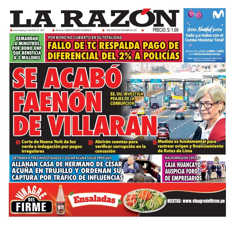 Portada Diario La Razón (20/11/2025)