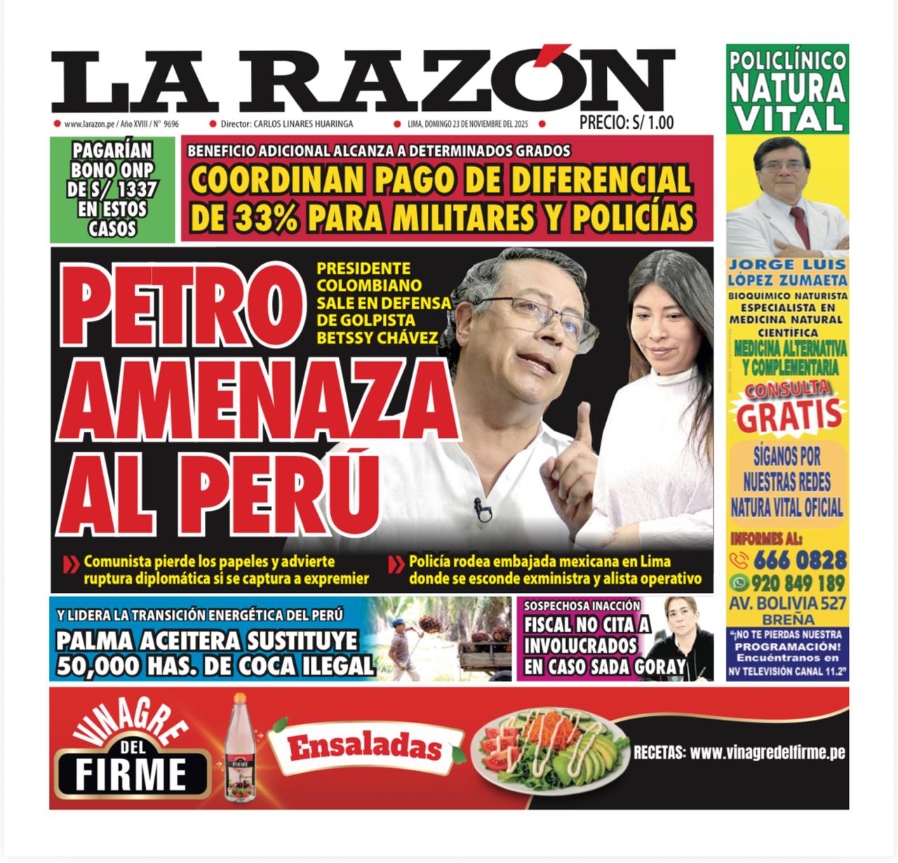 Portada Diario La Razón (23/11/2025)