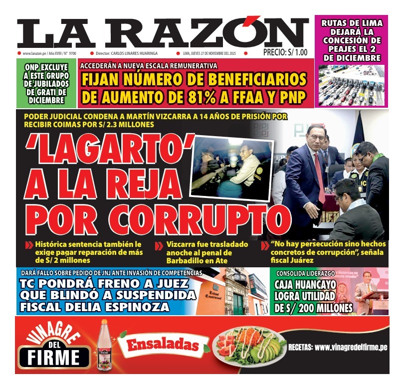 Portada Diario La Razón (27/11/2025)