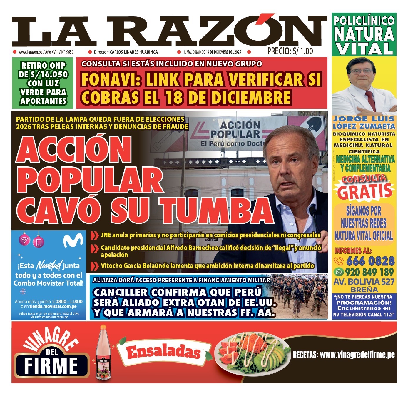Portada Diario La Razón (14/12/2025)