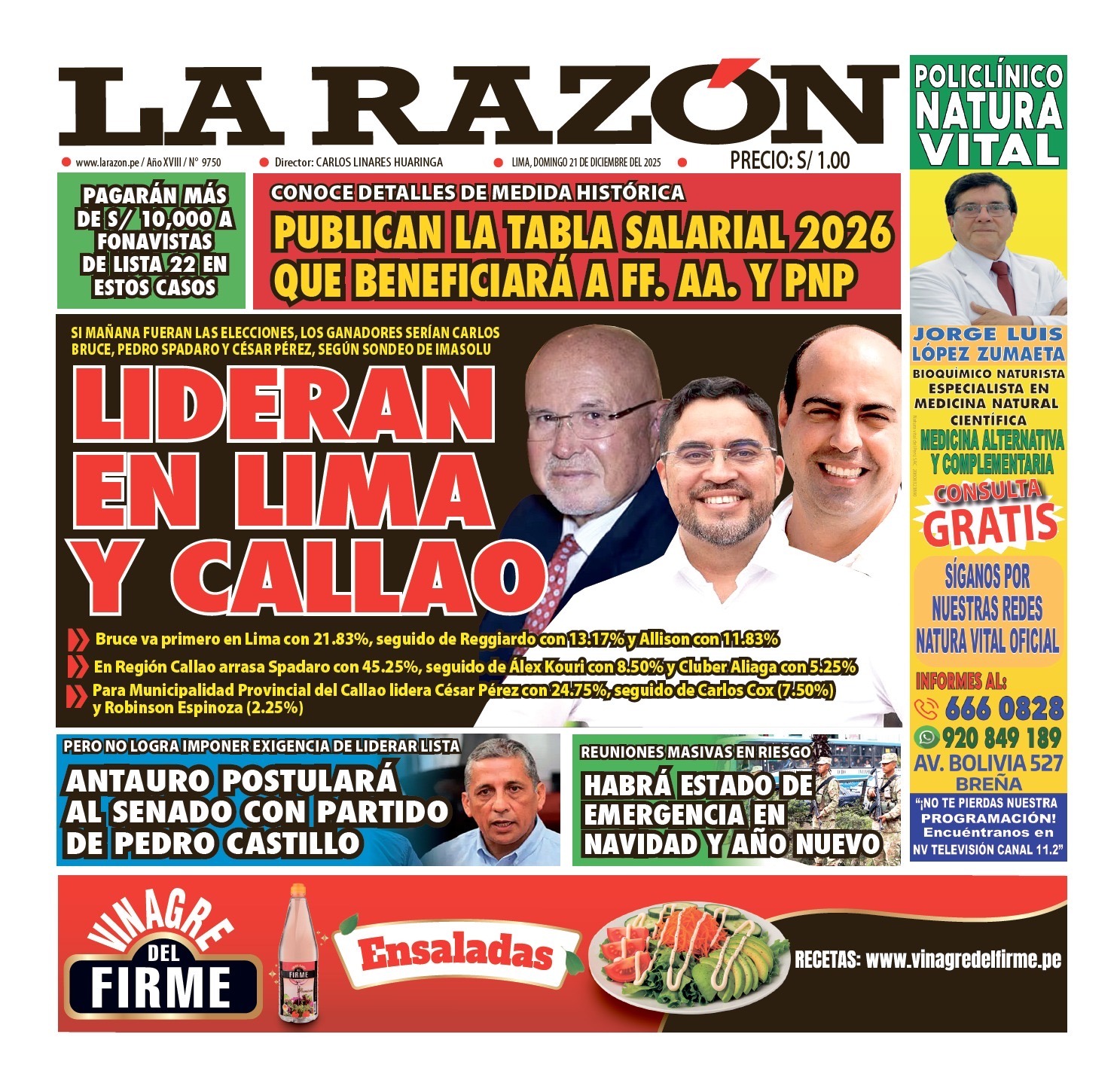 Portada Diario La Razón (21/12/2025)
