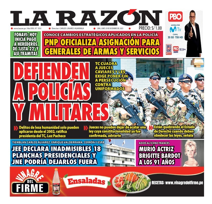 Portada Diario La Razón (29/12/2025)