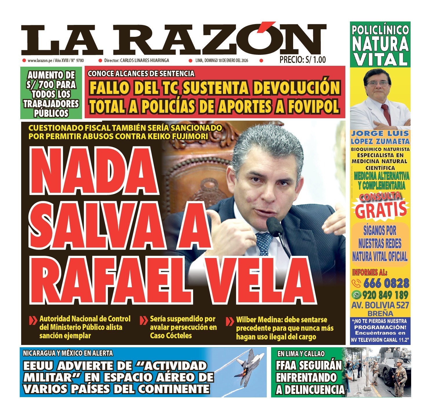Portada Diario La Razón (18/01/2026)