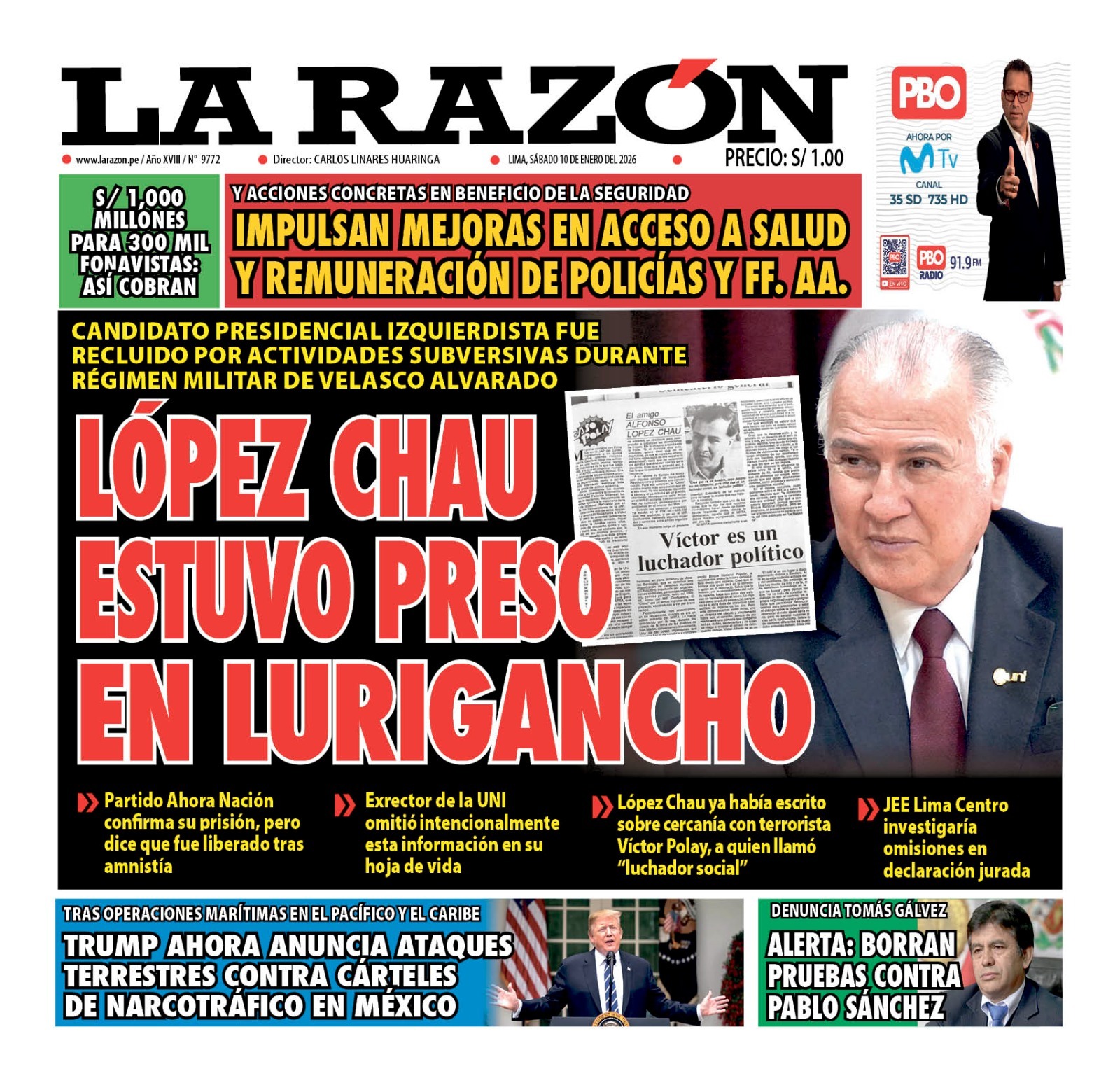 Portada Diario La Razón (10/1/2026)