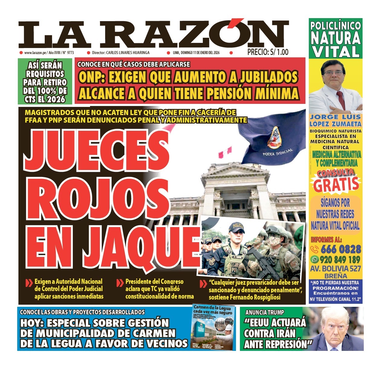 Portada Diario La Razón (11/01/2026)