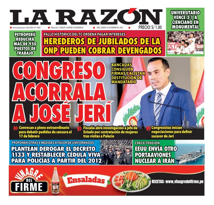 Portada Diario La Razón (14/02/2026)