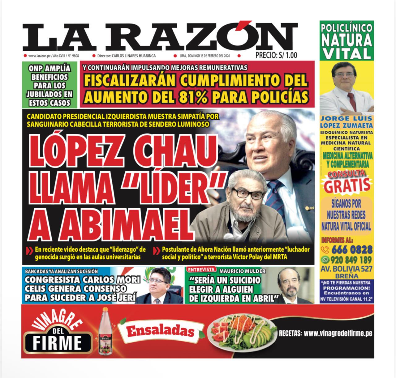 Portada Diario La Razón (15/02/2026)