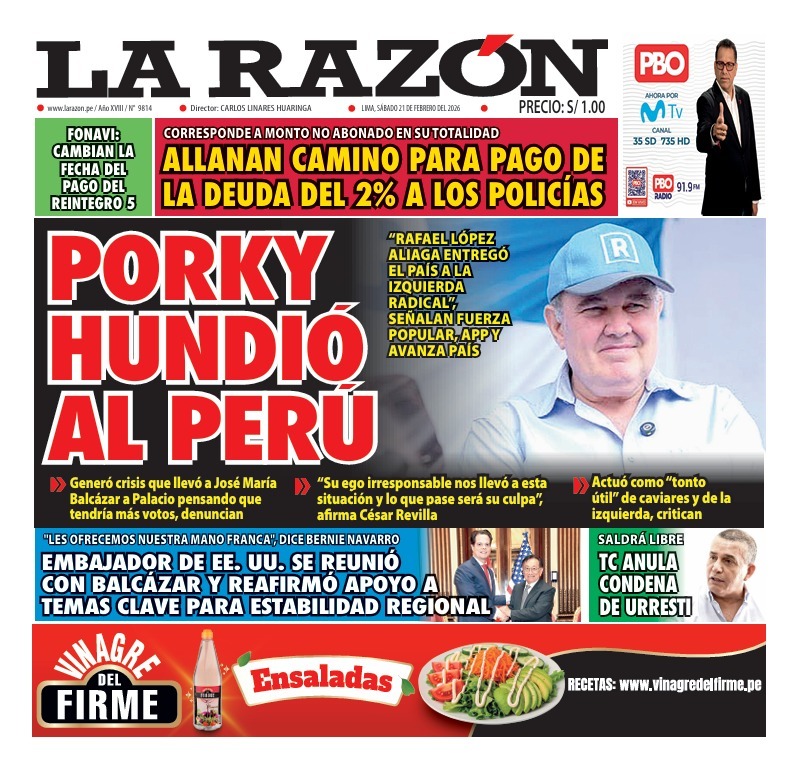 Portada Diario La Razón (21/02/2026)