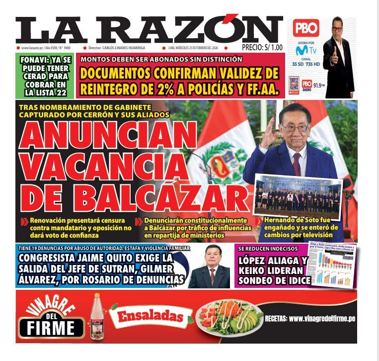 Portada Diario La Razón (25/02/2026)