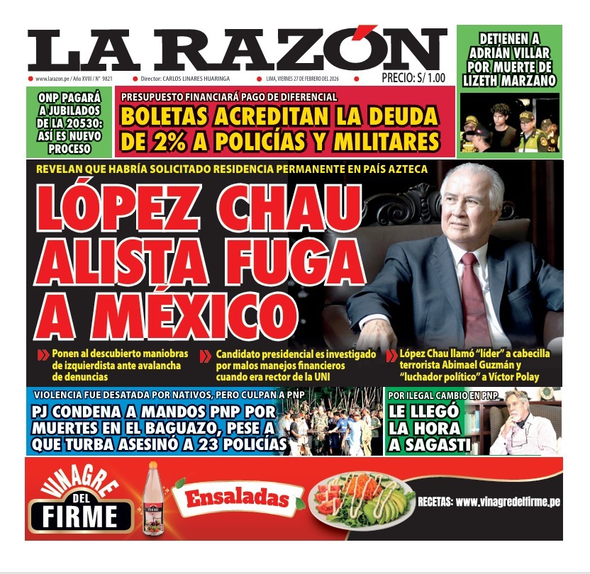 Portada Diario La Razón (27/02/2026)