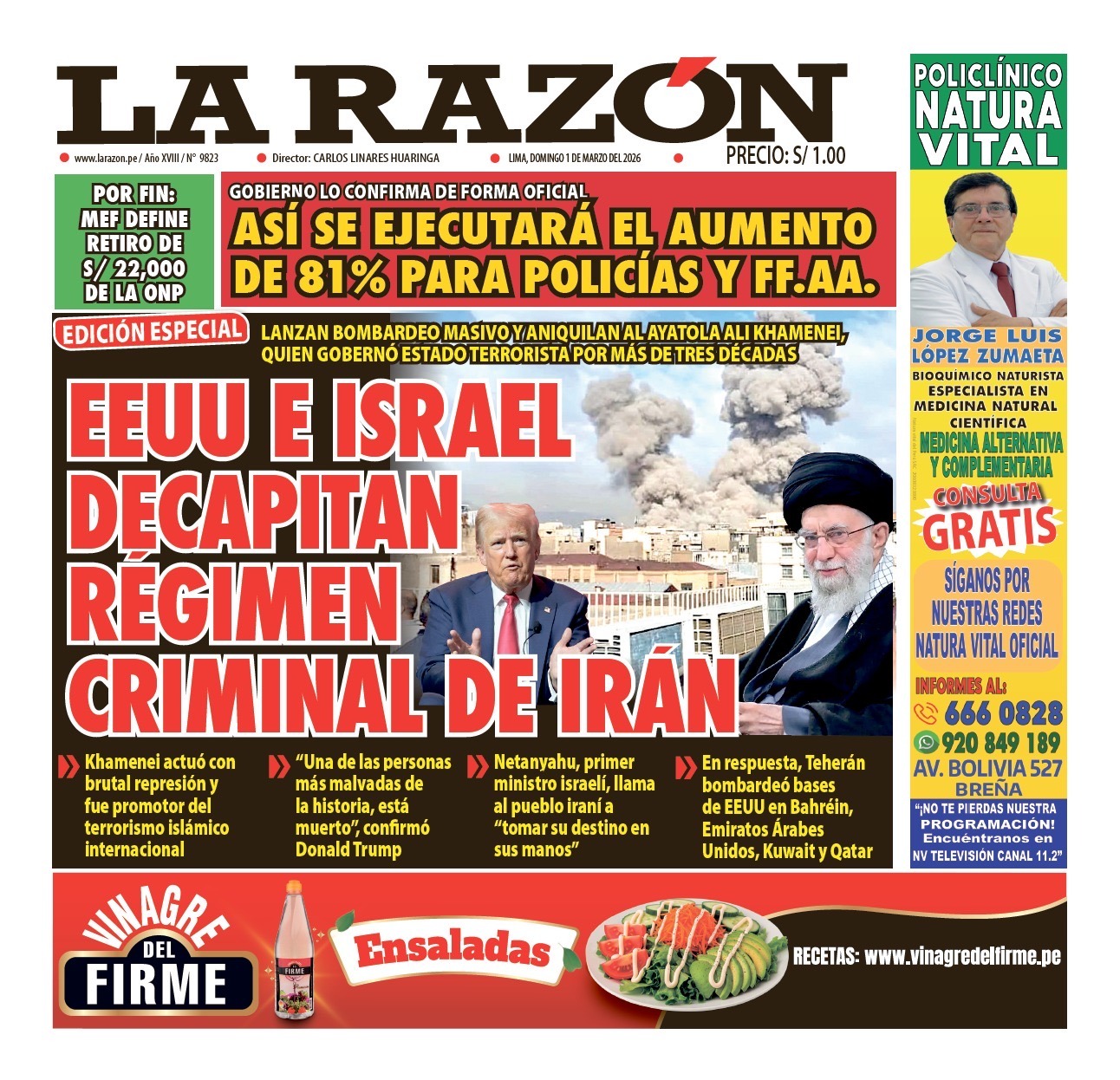 Portada Diario La Razón (01/03/2026)