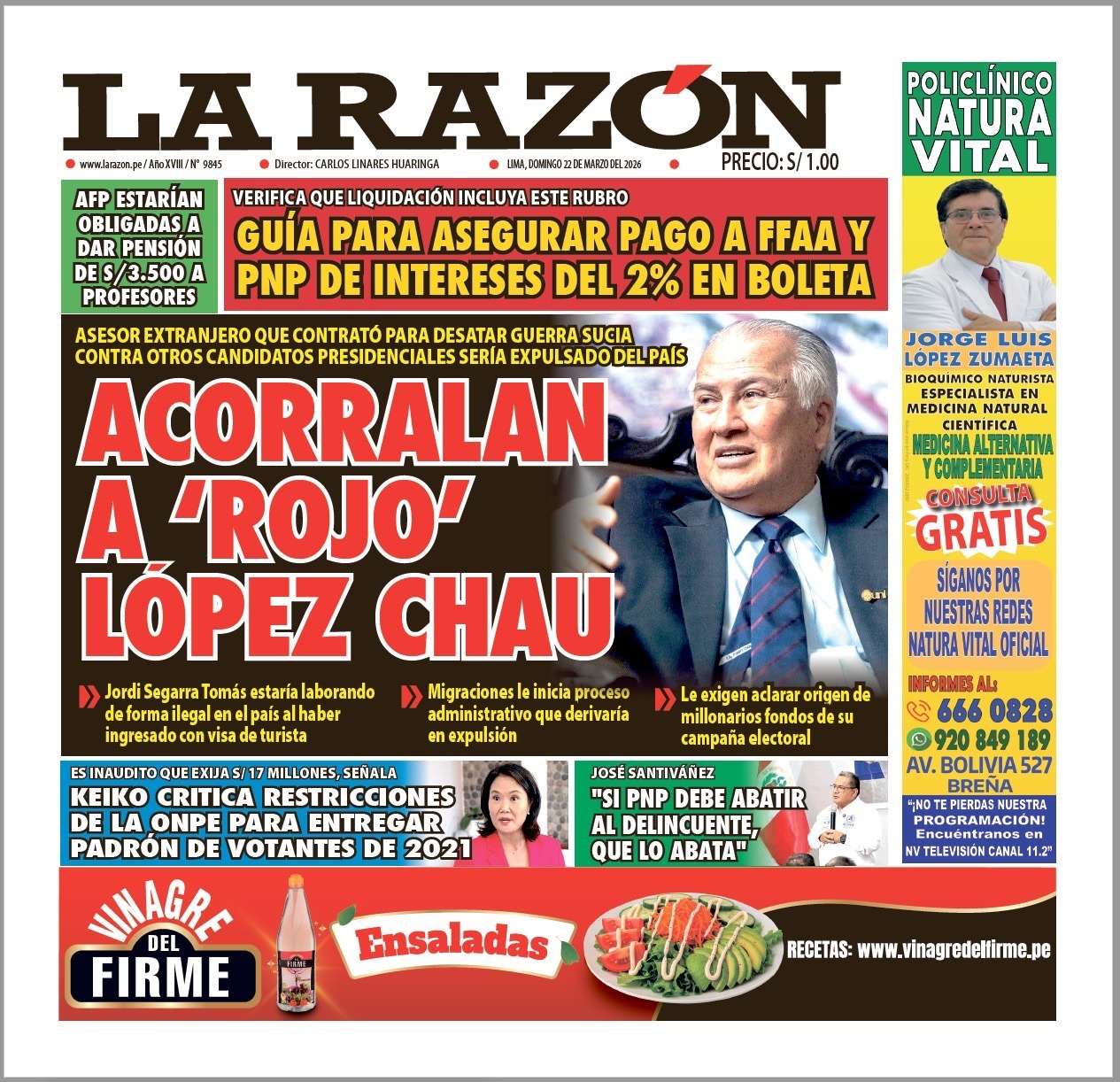 Portada Diario La Razón (22/03/2026)