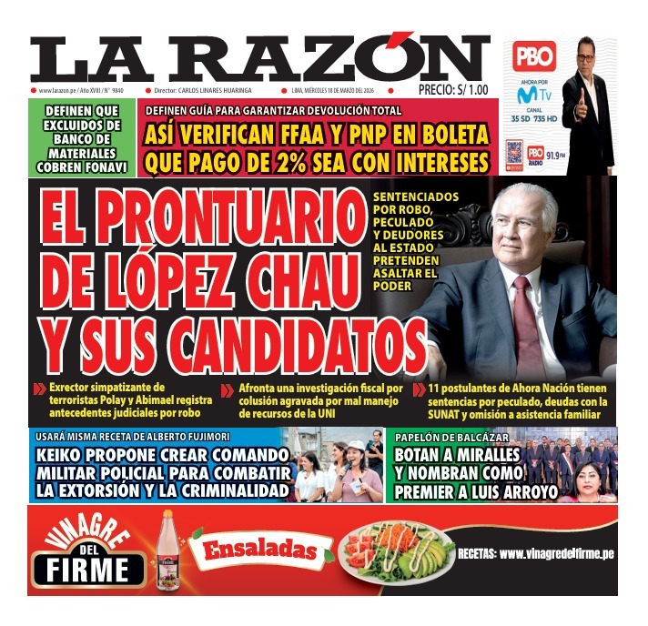 Portada Diario La Razón (18/03/2026)