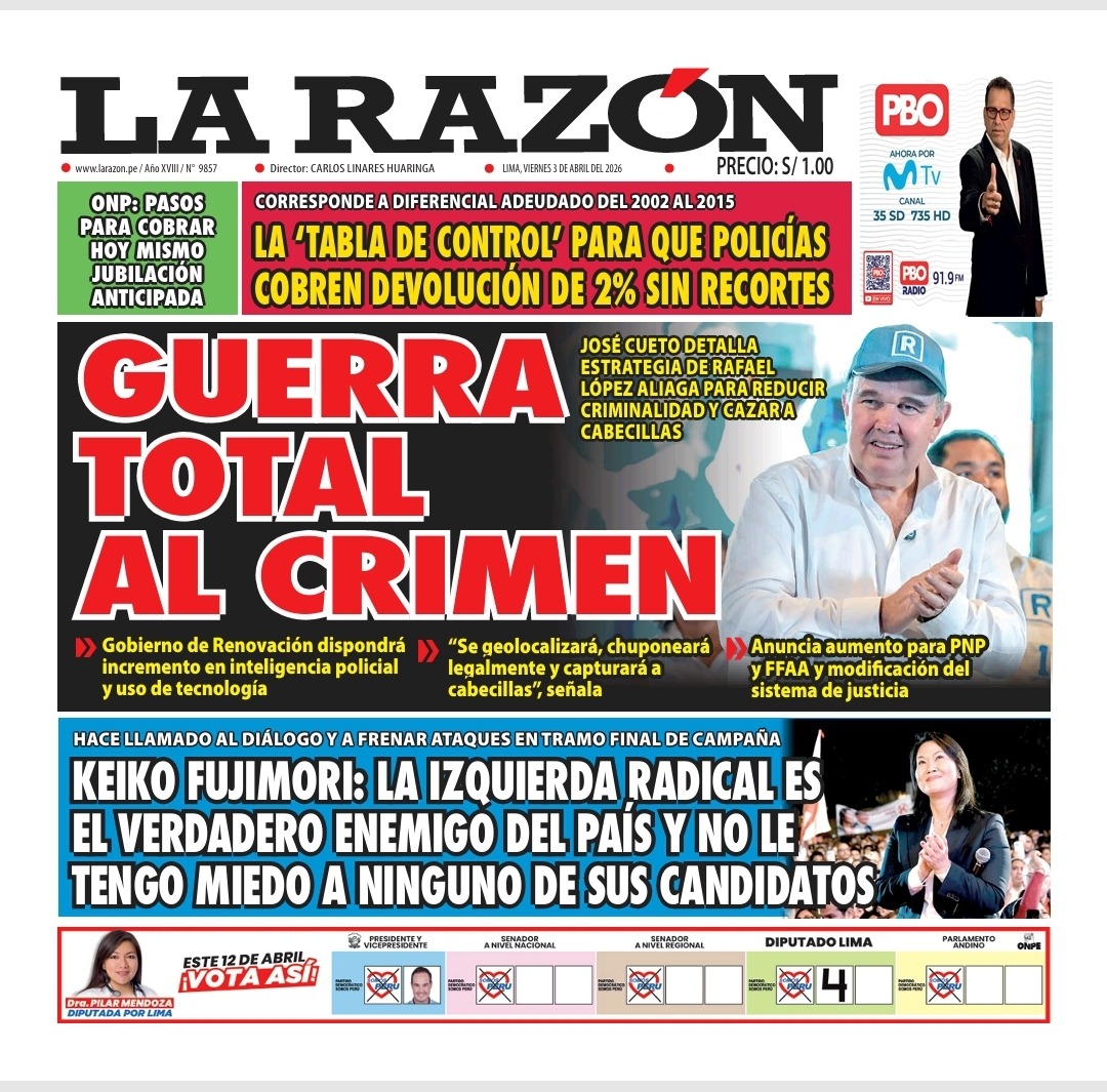 Portada Diario La Razón (3/04/2026)