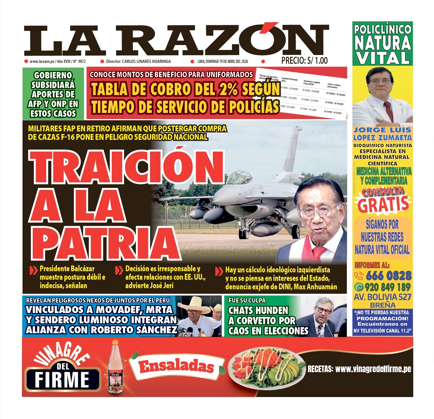 Portada Diario La Razón (18/04/2026)