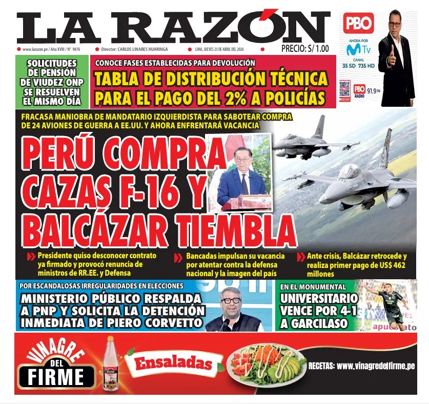 Portada Diario La Razón (23/04/2026)