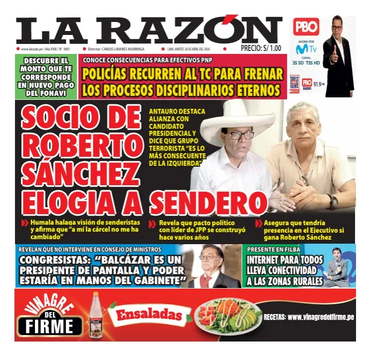 Portada Diario La Razón (28/04/2026)