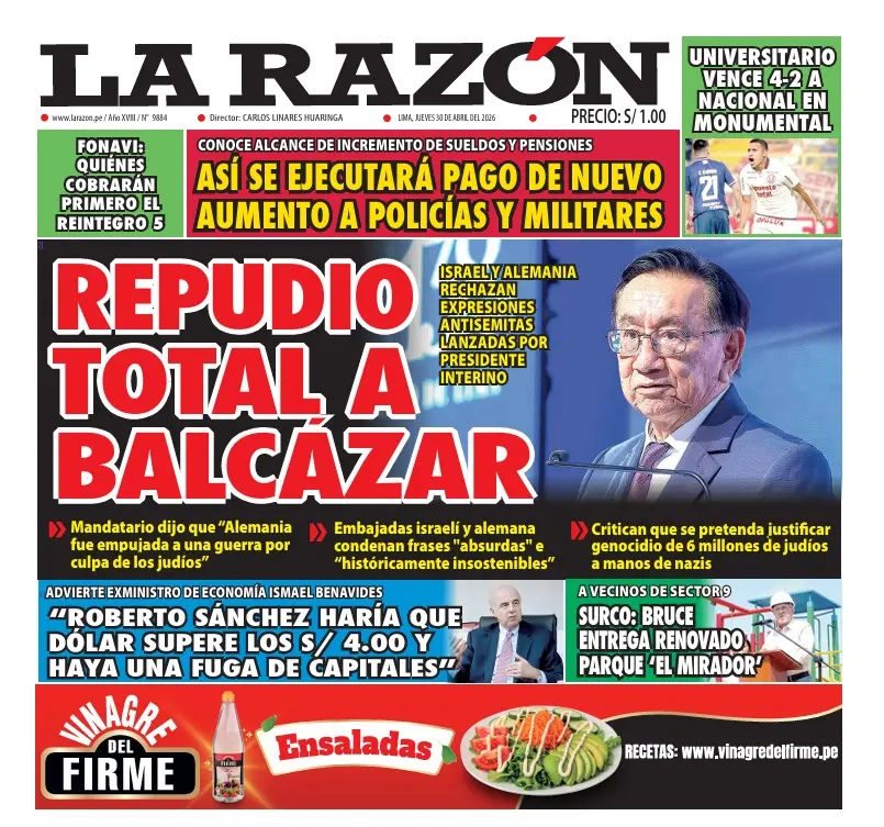 Portada Diario La Razón (30/04/2026)