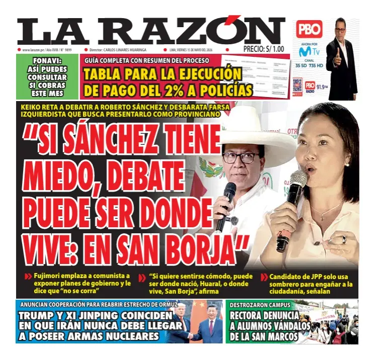 Portada Diario La Razón (15/05/2026)