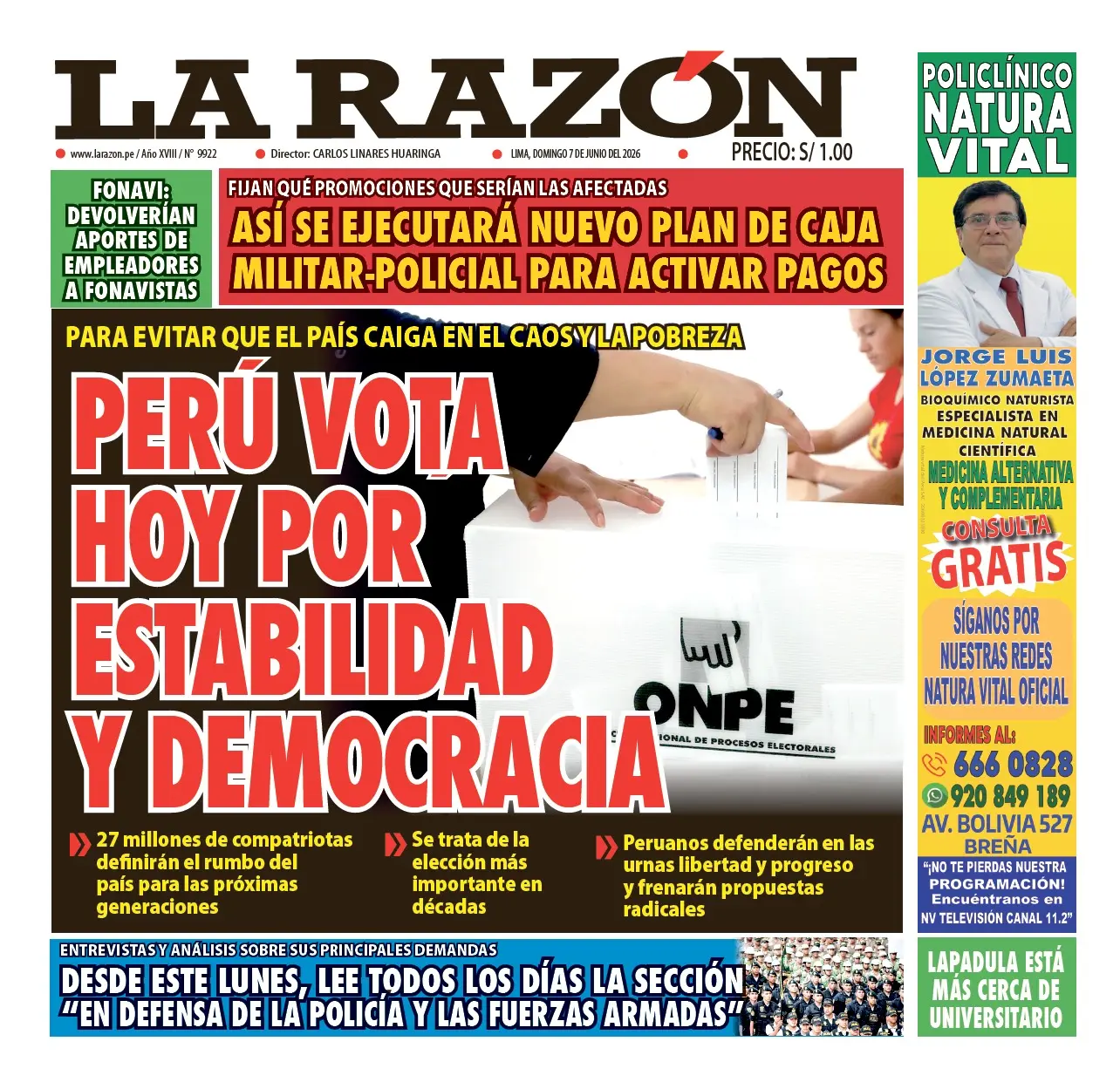 Portada Diario La Razón (07/06/2026)