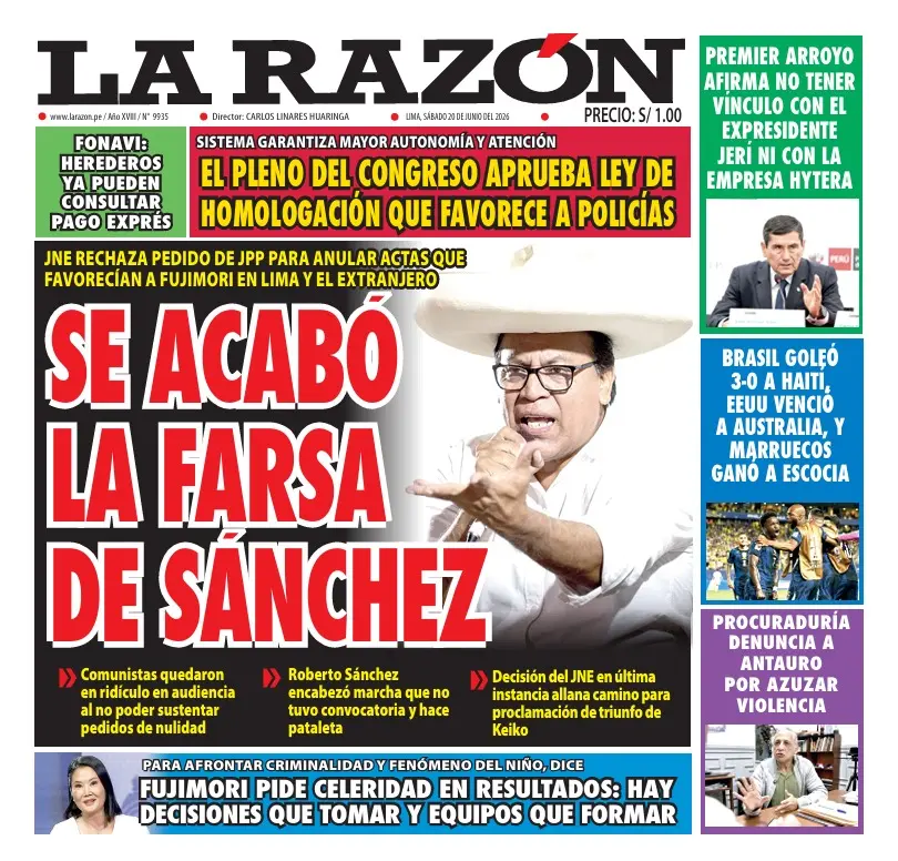 Portada Diario La Razón (20/06/2026)