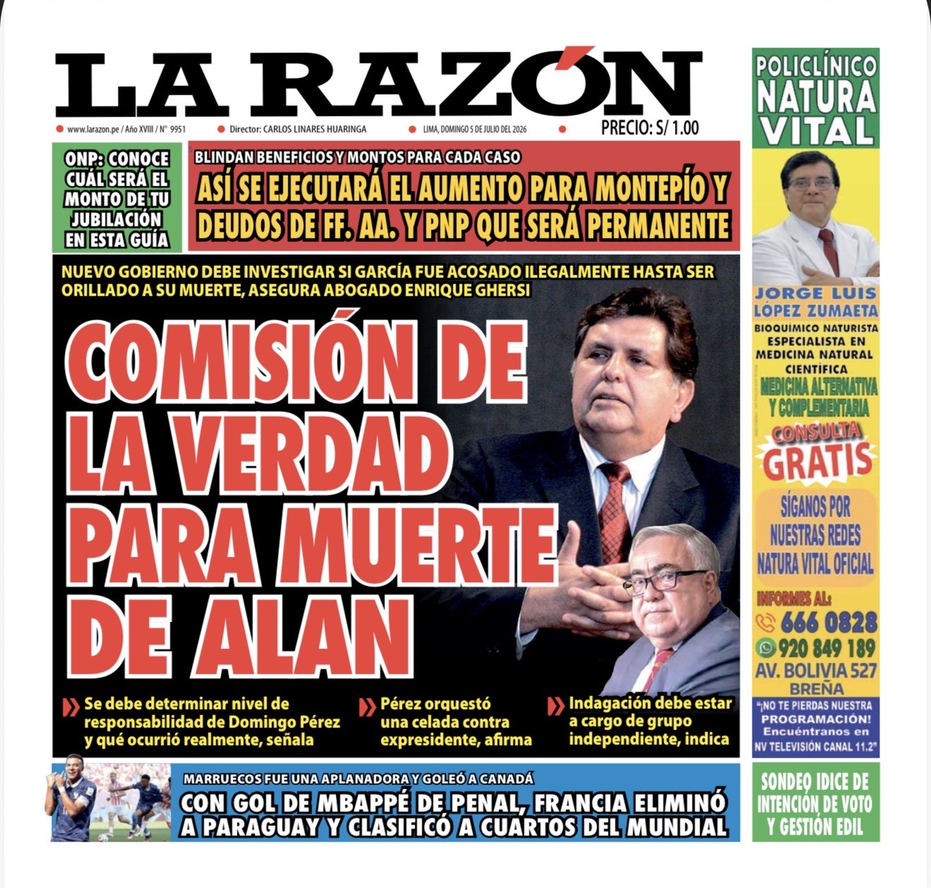 Portada Diario La Razón (05/07/2026)