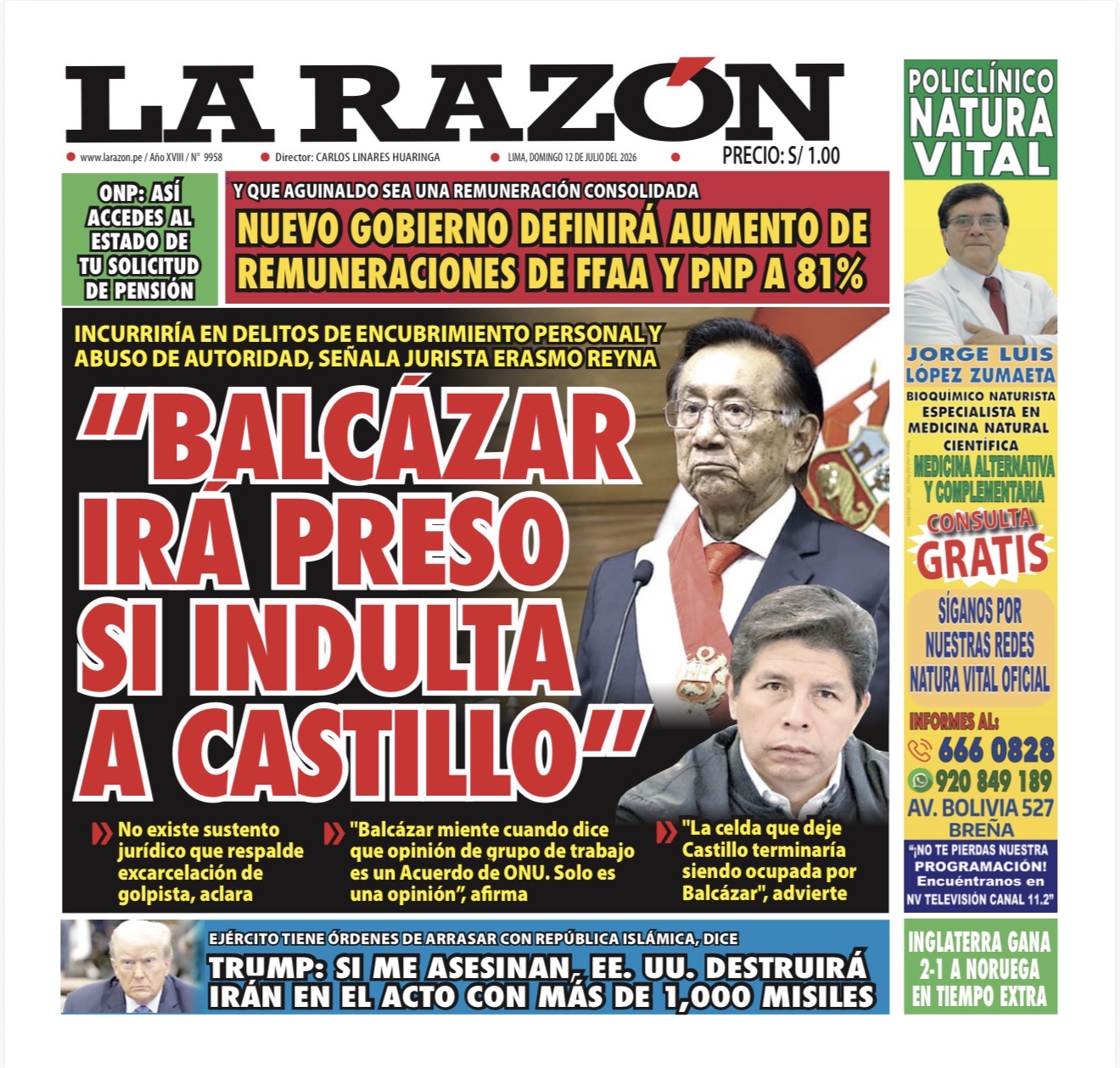 Portada Diario La Razón (12/07/2026)