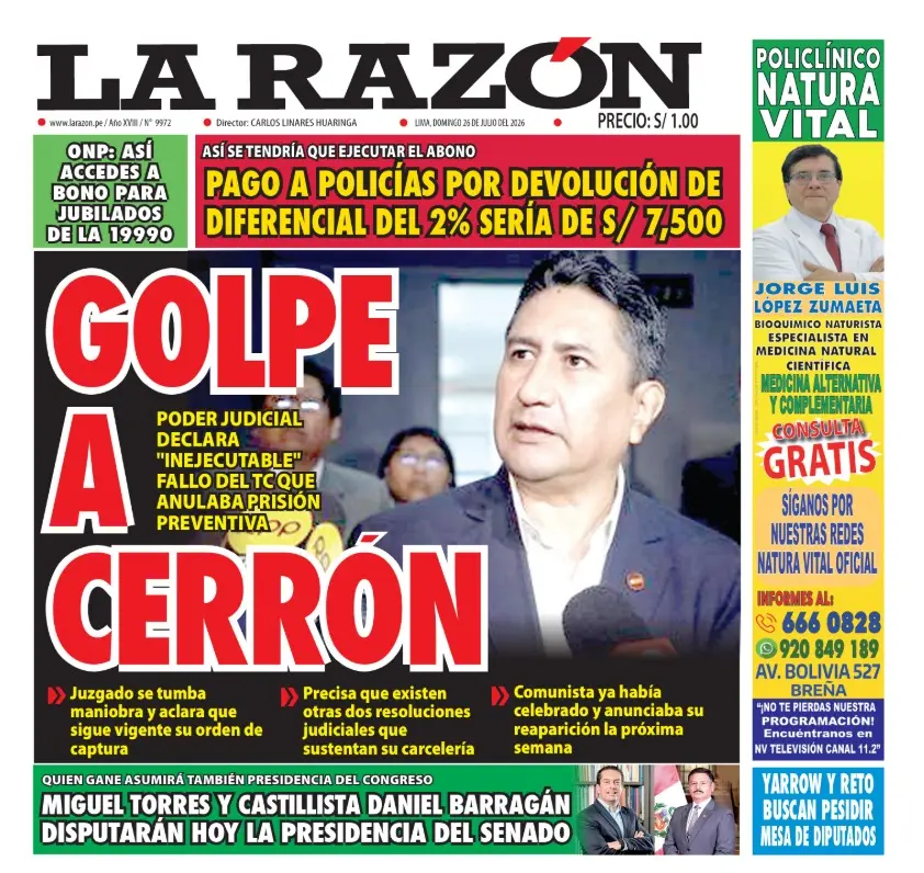 Portada Diario La Razón (26/07/2026)