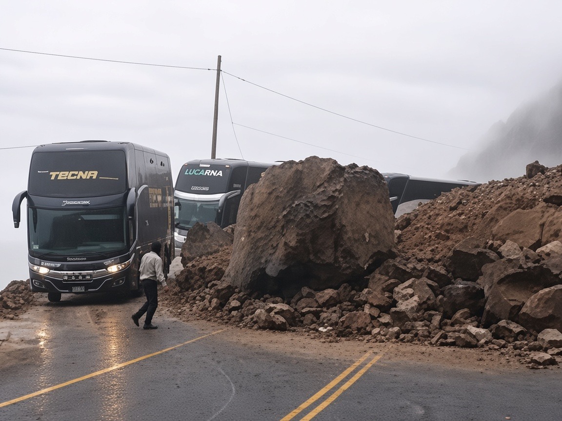 Fuerte lluvia provoca huaico y caída de rocas en la Panamericana Sur